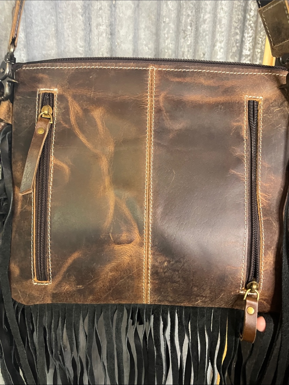 American Darling Black Fringe Cowhide Crossbody with Tooled Leather Accent - Picture 3 of 5